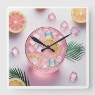 Pink Lemonade Glass Wall Clock - Erfrischender Som Quadratische Wanduhr