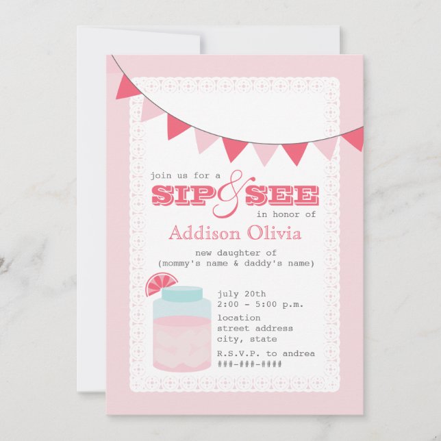 Pink Lemonade Sip & See Baby Girl Einladung (Vorderseite)