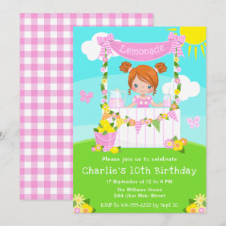 Pink Lemonade Stand Birthday Red Hair Girl Einladung