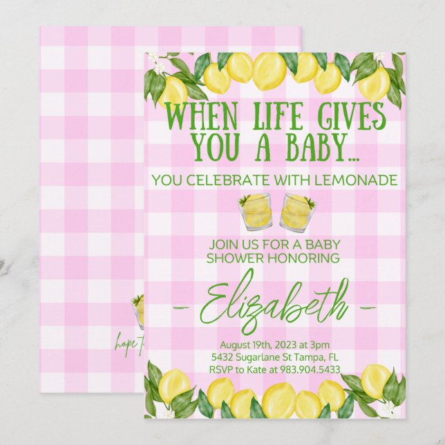 Pink Lemonade Themed Baby Dusche Einladung (Vorne/Hinten)