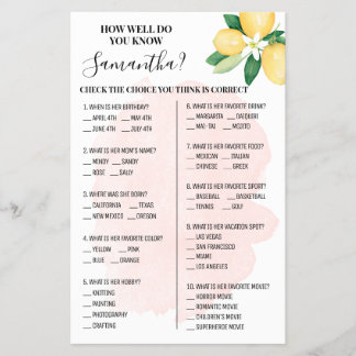 Pink Lemons Wie gut kennen Sie die Bride Game Card Flyer