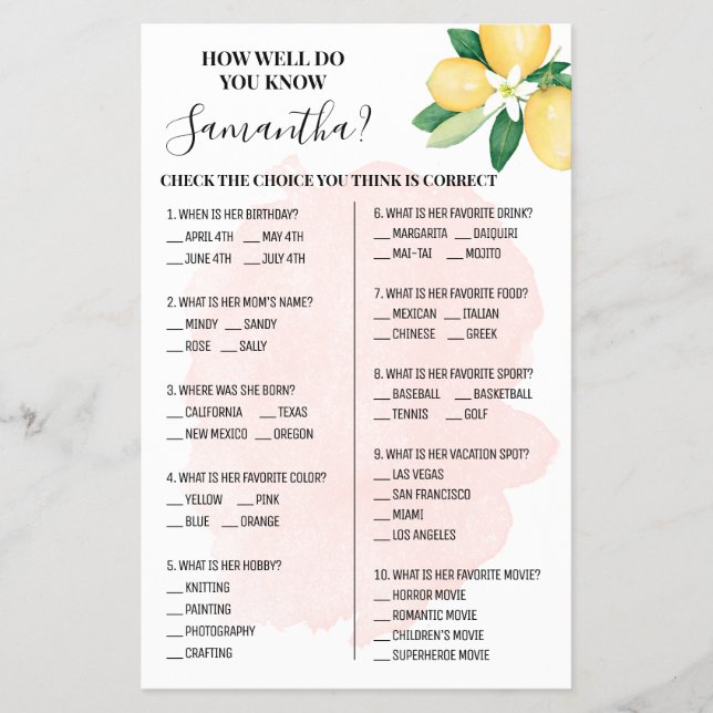 Pink Lemons Wie gut kennen Sie die Bride Game Card Flyer (Vorne)