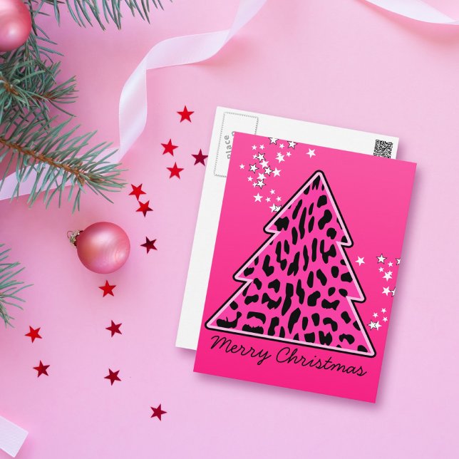 Pink Leopard Cheetah Weihnachtsbaum Feiertagspostkarte (Von Creator hochgeladen)