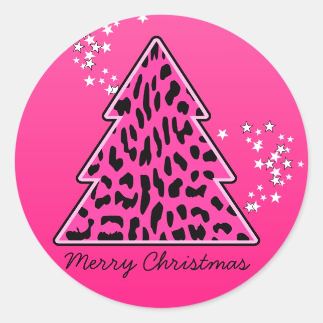 Pink Leopard Cheetah Weihnachtsbaum Runder Aufkleber (Vorderseite)