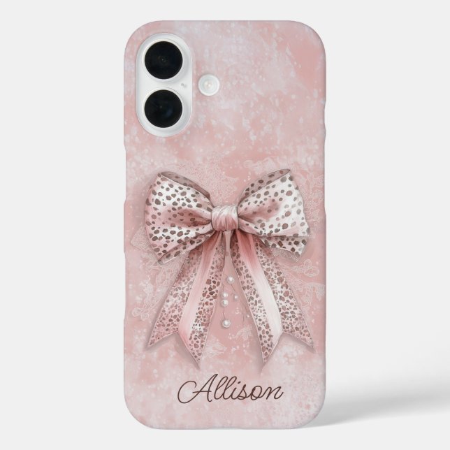 Pink Leopard Girly Glitzer Eleganter Bow Individue iPhone 16 Hülle (Rückseite)