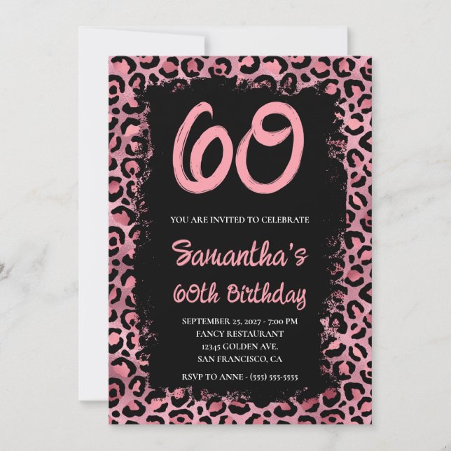 Pink Leopard Painted Black 60. Geburtstag Einladung (Vorderseite)