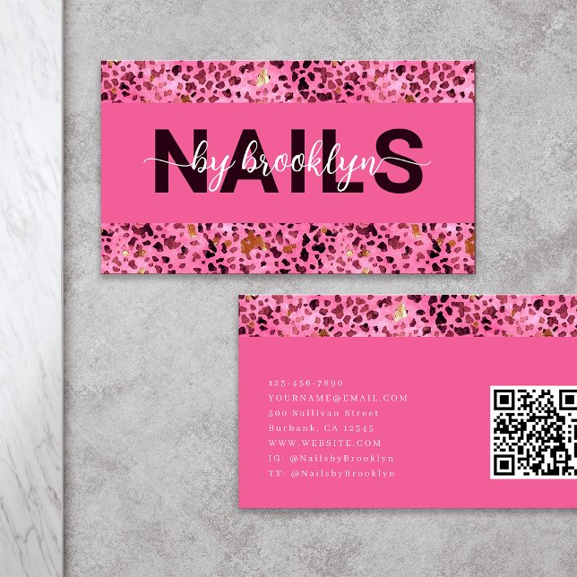 Pink Leopard Print Gold Foil QR Code Nail Tech Visitenkarte (Von Creator hochgeladen)