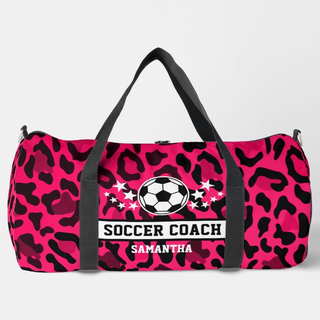 Pink Leopard Print Soccer Name Duffle Bag (Vorderseite)
