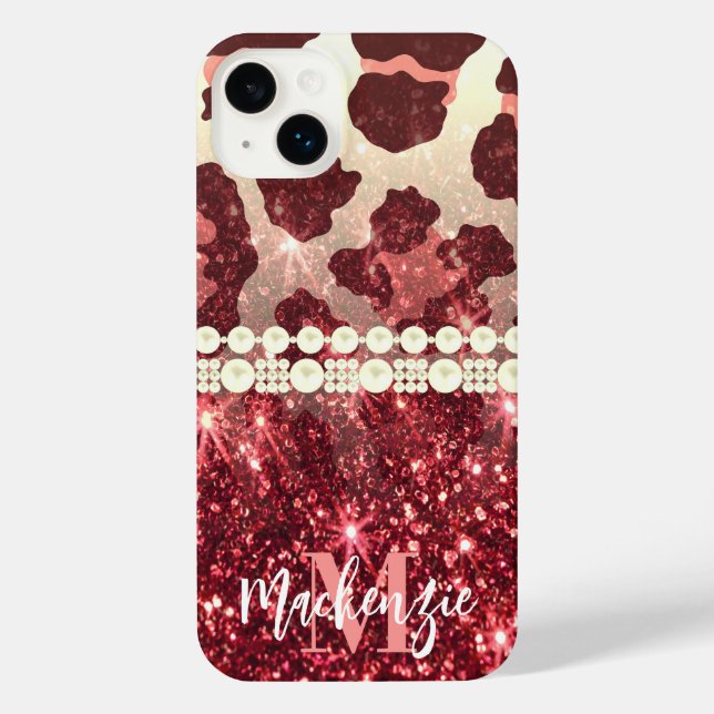 Pink Leopard Print und Glitzer iPhone 14 Plus Hülle (Rückseite)