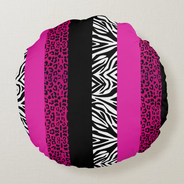 Pink-Leopard und Zebra-Tierdruck Rundes Kissen (Rückseite)