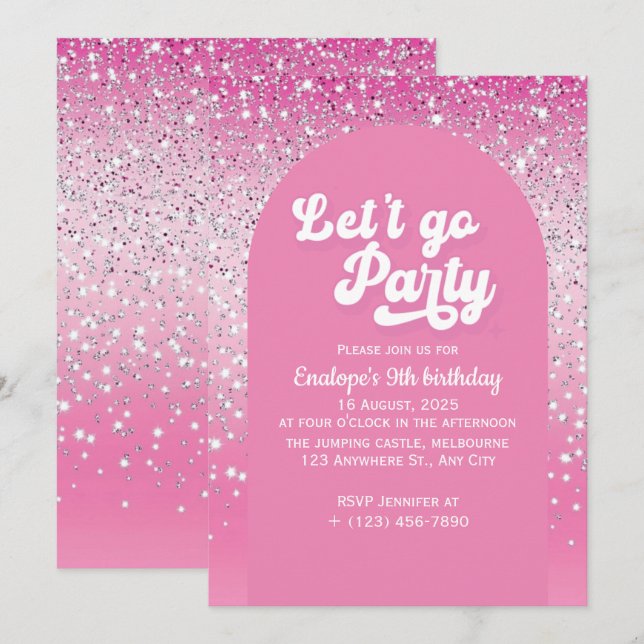 Pink Let's Go Party Geburtstagseinladung Einladung (Vorne/Hinten)