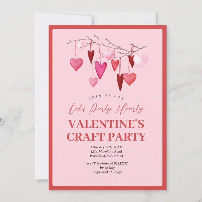 Pink Let's Party Hearty Valentine Craft Party Einladung (Vorderseite)