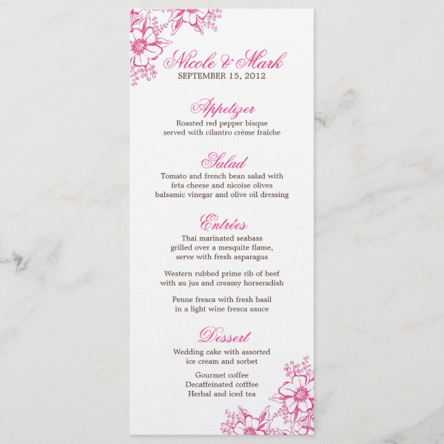 Pink Letterpress Style Wedding Menükarte (Vorderseite)