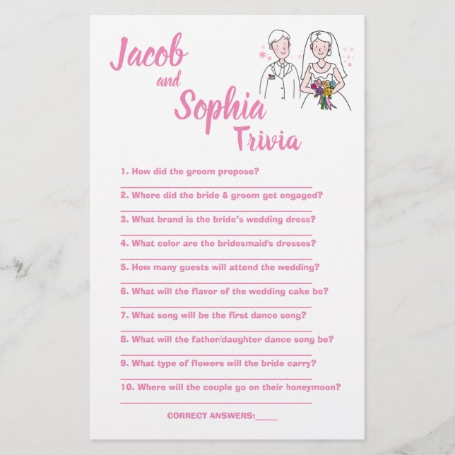 PINK LIEBE, BRIDE & GROOM TRIVIA DUSCHKARTE FLYER (Vorne)