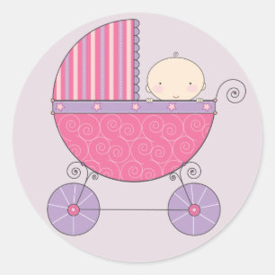 Pink & Lila Baby Girl in Carriage Runder Aufkleber