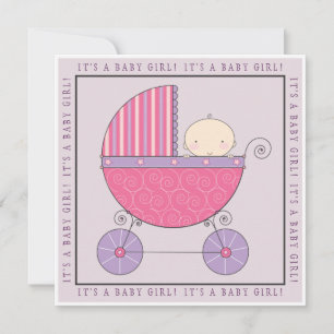 Pink & Lila Baby in Carriage Girl Babydusche Einladung