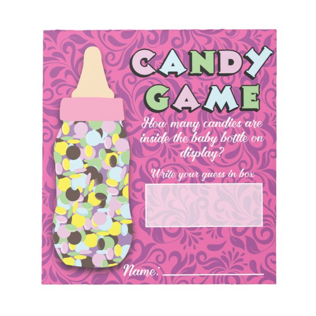 Pink & Lila Babyflasche Candy Guessing Game Notizblock (Vorderseite)