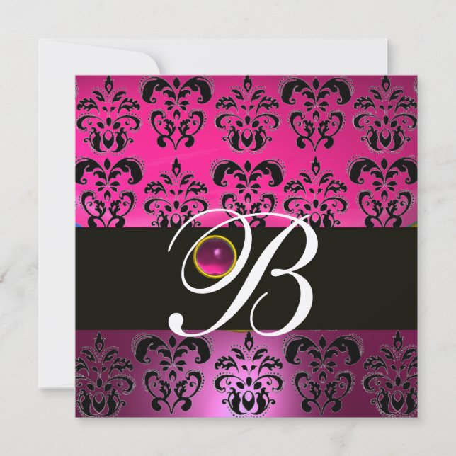 PINK LILA BLACK DAMASK MONOGRAM Amethyst Fuchsia Einladung (Vorderseite)