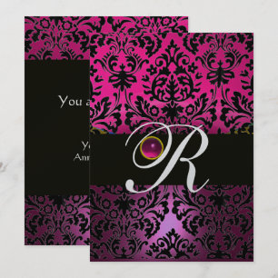 PINK LILA BLACK DAMASK MONOGRAM Amethyst Fuchsia Einladung