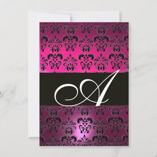 PINK LILA BLACK DAMASK MONOGRAM fuchsia weiß Einladung (Vorderseite)