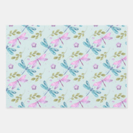 PINK LILA BLAU GELBEN WASSERFARBE DRAGONFLIS GESCHENKPAPIER SET