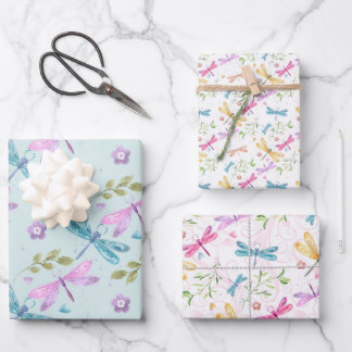 PINK LILA BLAU GELBEN WASSERFARBE DRAGONFLIS GESCHENKPAPIER SET