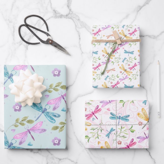 PINK LILA BLAU GELBEN WASSERFARBE DRAGONFLIS GESCHENKPAPIER SET (Vorderseite)