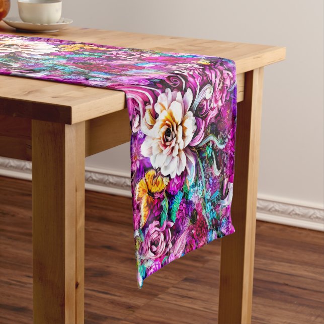 Pink Lila Blue Aquamarin White Garden Blume Fantas Kurzer Tischläufer (Beispiel)
