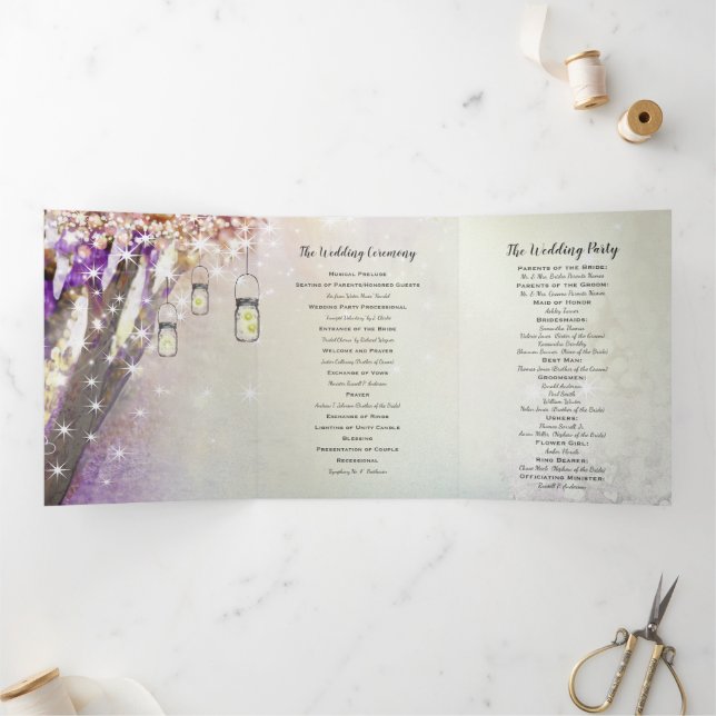 Pink Lila Blue Fairy Lights Boho Forest Wedding Dreifach-gefaltete Programmkarte (Innenseite)
