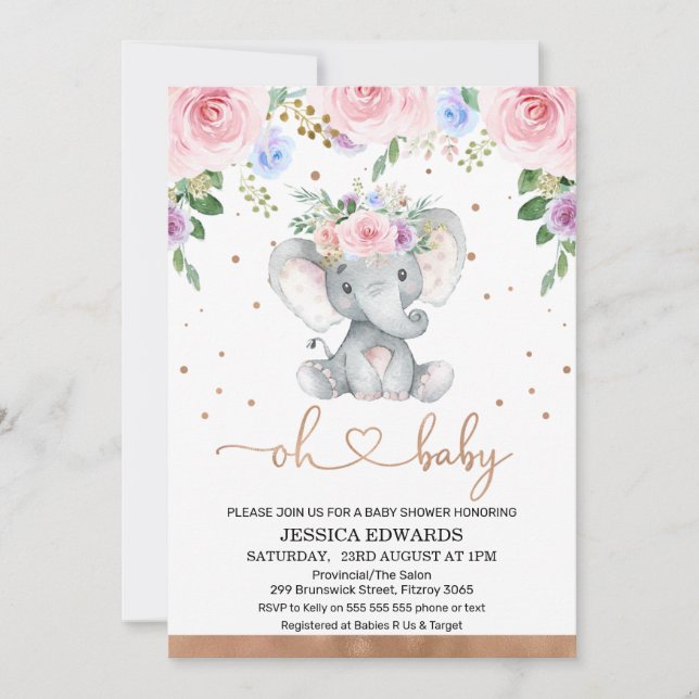Pink Lila Blue Floral Elephant Baby Dusche Einladung (Vorderseite)