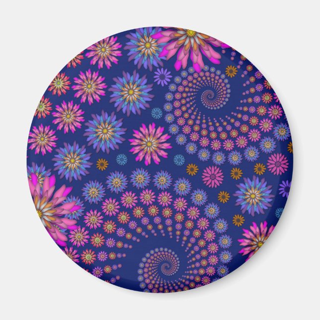 Pink Lila Blue Floral Pattern auf Blue Magnet (Vorne)