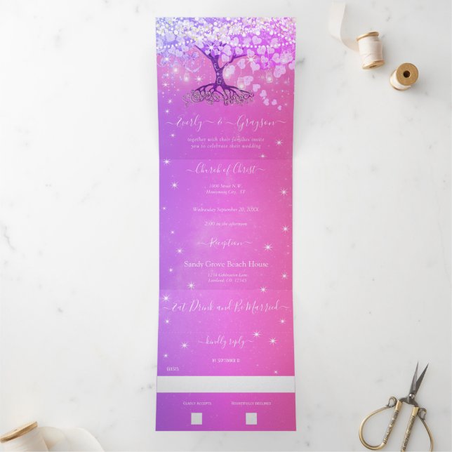 Pink Lila Blue Heart Leaf Tree Wedding Dreifach Gefaltete Einladung (Innenseite)