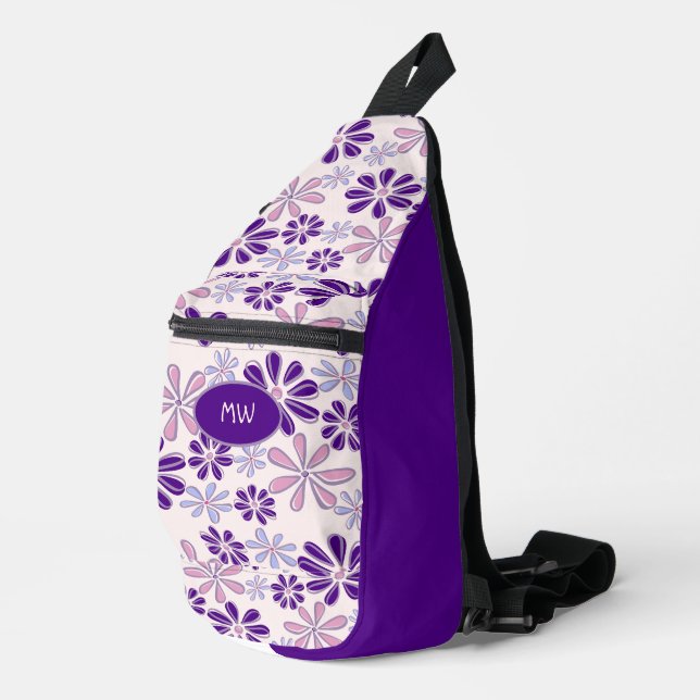 Pink Lila Blume Doodle Muster Crossbody Bag (Rechte Ecke)