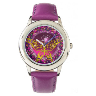 PINK LILA BLUMENKRONGOLDSCHALTFLÄCHE, GEMSTONEN ARMBANDUHR