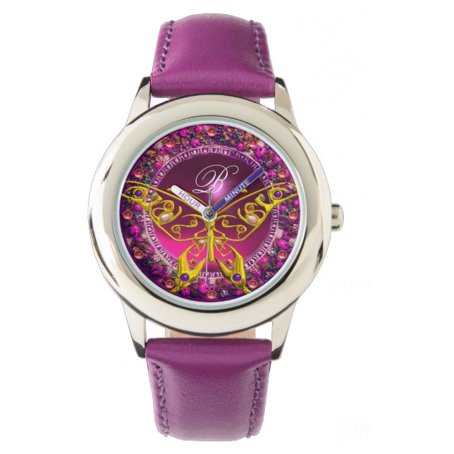 PINK LILA BLUMENKRONGOLDSCHALTFLÄCHE, GEMSTONEN ARMBANDUHR (Vorderseite)