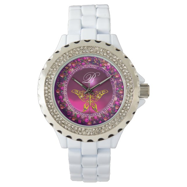 PINK LILA BLUMENKRONGOLDSCHALTFLÄCHE, GEMSTONEN ARMBANDUHR (Vorderseite)