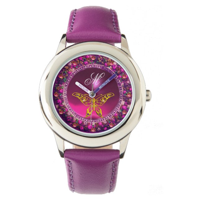 PINK LILA BLUMENKRONGOLDSCHALTFLÄCHE, GEMSTONEN ARMBANDUHR (Vorderseite)