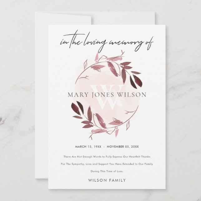 PINK LILA BLUSH FOLIAGE WREATH BEILEID MEMORIAL DANKESKARTE (Vorderseite)