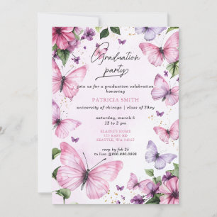 Pink Lila Butterflies Graduation Party Einladung