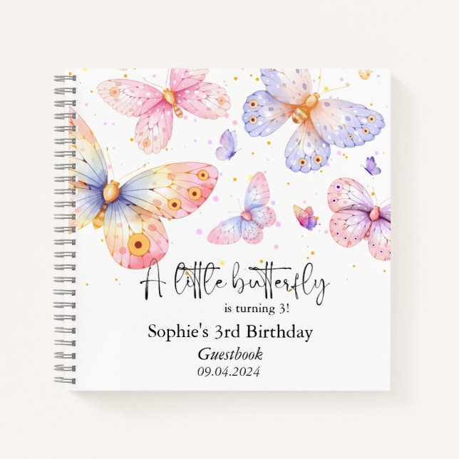 Pink Lila Butterfly All Ages Birthday Gästebuch Notizbuch (Vorderseite)