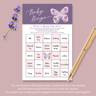 Pink Lila Butterfly Baby Bingo Game Card