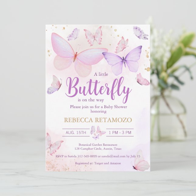 Pink Lila Butterfly Baby Dusche Einladung (Stehend Vorderseite)