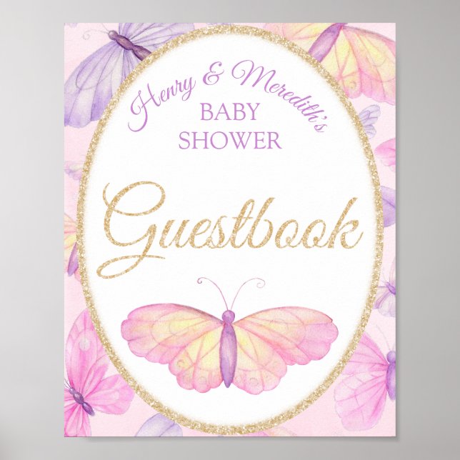 Pink & Lila Butterfly Babydusche Gästebuch Untersc (Vorne)