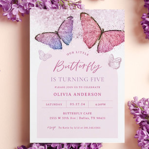 Pink Lila Butterfly Girl 5. Geburtstagsparty Einladung