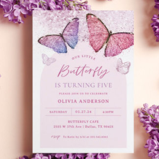 Pink Lila Butterfly Girl 5. Geburtstagsparty Einladung