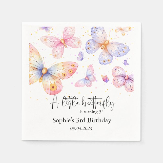 Pink Lila Butterfly Girl All Ages Geburtstag Serviette (Vorderseite)