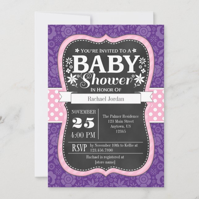 Pink Lila Chalkboard Floral Baby Dusche einladen Einladung (Vorderseite)