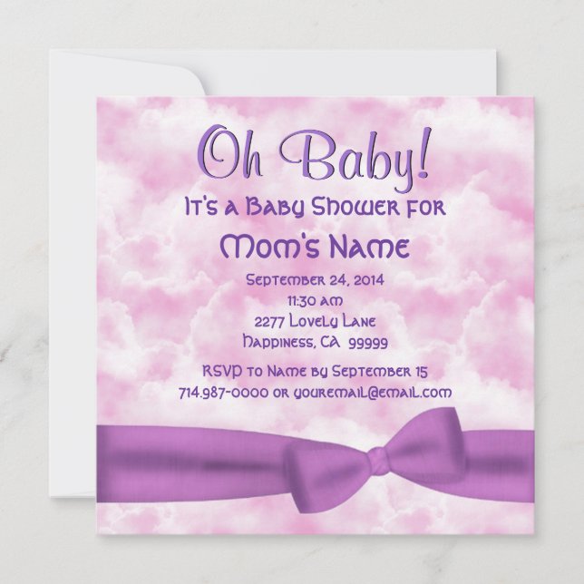 Pink Lila Clouds Bow und Leopar Baby Girl Dusche Einladung (Vorderseite)