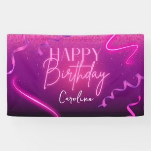 Pink Lila Confetti Neon Lights Happy Birthday Banner