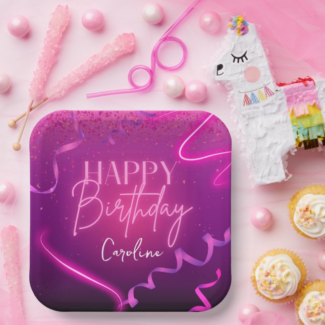 Pink Lila Confetti Neon Lights Happy Birthday Pappteller (Party)